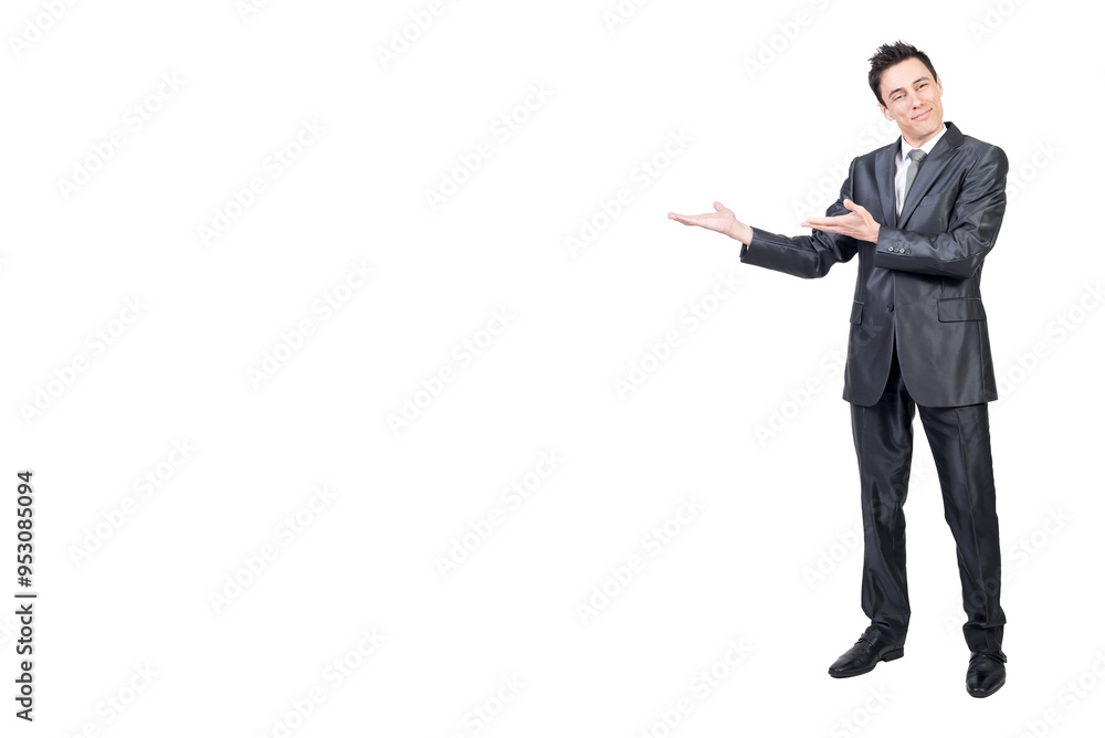 Optimistic man in suit pointing aside. White background. Optimistic man in suit pointing aside. White background.