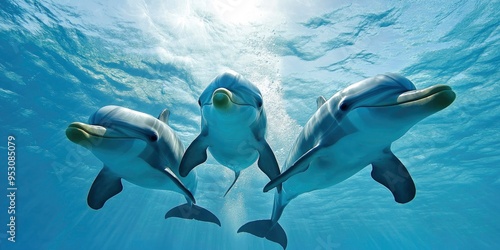 Underwater shot depicts a contented family of dolphins swimming in the ocean. photo