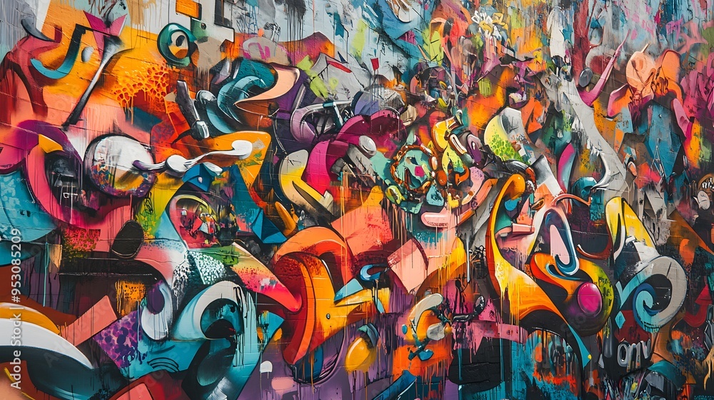 Fototapeta premium Colorful graffiti mural in a vibrant urban setting with bright colors and a diverse crowd bold 3D-rendered elements creating an energetic atmosphere