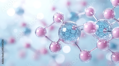 A detailed close-up of molecular structures featuring translucent spheres and pastel colors, representing scientific innovation.