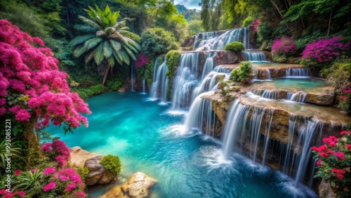 Turquoise waterfalls cascading down rocky cliffs, surrounded by vibrant tropical flowers, captured from a slightly above angle, with soft, diffused light, exotic, a realistic photo image.