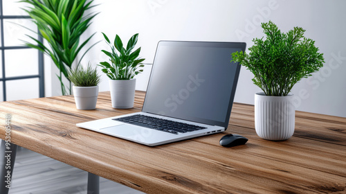 A minimalist workspace setup featuring a laptop and green potted plants on a wooden desk, highlighting productivity and nature integration.