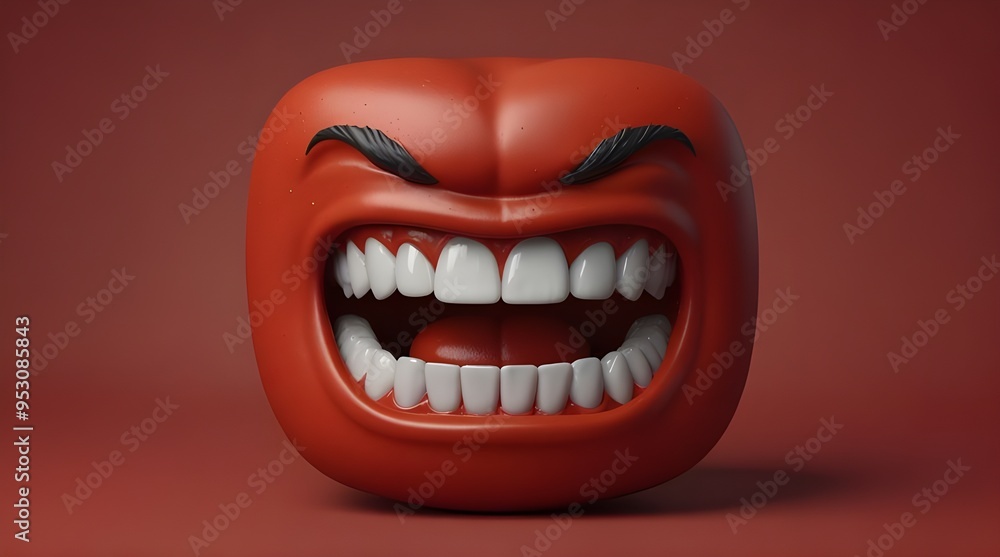 3d real emoji angry teeth face isolated on plain red.generative.ai 3d real emoji angry teeth face isolated on plain red.generative.ai