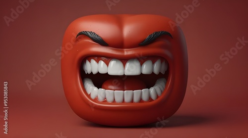 3d real emoji angry teeth face isolated on plain red.generative.ai 