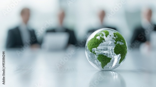A globe depicting the earth with greenery, symbolizing environmental awareness and sustainability in a business meeting.