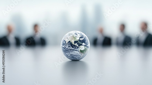 A globe on a conference table with blurred business people in the background, symbolizing global business strategy and collaboration.