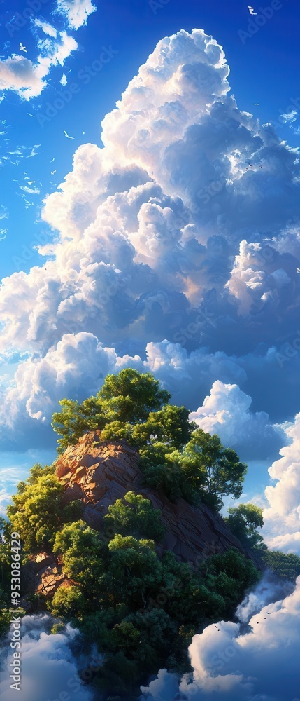 The majestic cloudscape towering over a lush, green hilltop, with vibrant blue sky in the background showcasing natural beauty. The majestic cloudscape towering over a lush, green hilltop, with vibrant blue sky in the background showcasing natural beauty.