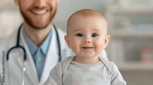 A happy baby smiling with a doctor in a bright, welcoming healthcare setting, capturing the joy of pediatric care.