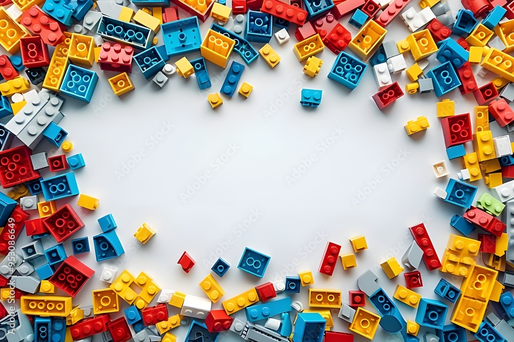 Top view of colorful plastic building blocks on white background with copy space - Generated AI Top view of colorful plastic building blocks on white background with copy space - Generated AI