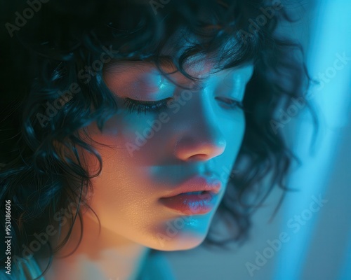 Blue Monday concept, portrait, subdued look, blue light from setting sun,