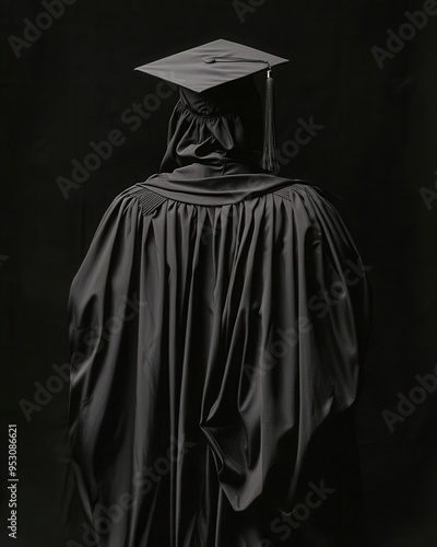 Graduation photo featuring a person in a graduation gown and cap, captured from the back against a dark background.