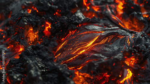 Full Frame Close-Up of Red Hot Lava Flowing with Intense Heat and Texture