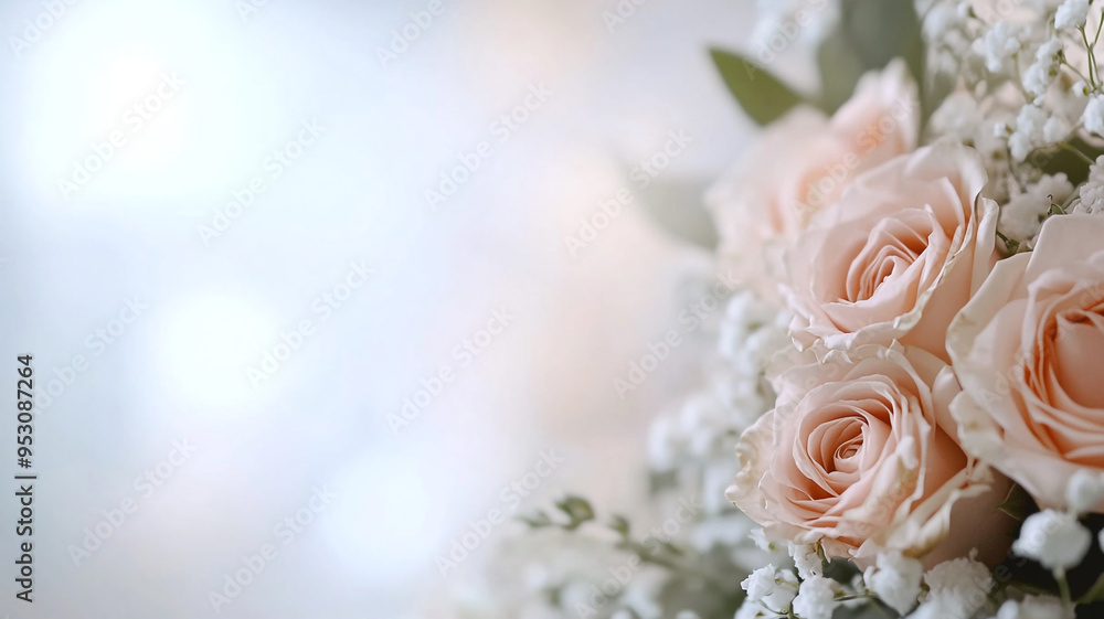 Delicate pink roses adorned with gypsophila create a romantic ambiance in a softly lit setting Delicate pink roses adorned with gypsophila create a romantic ambiance in a softly lit setting