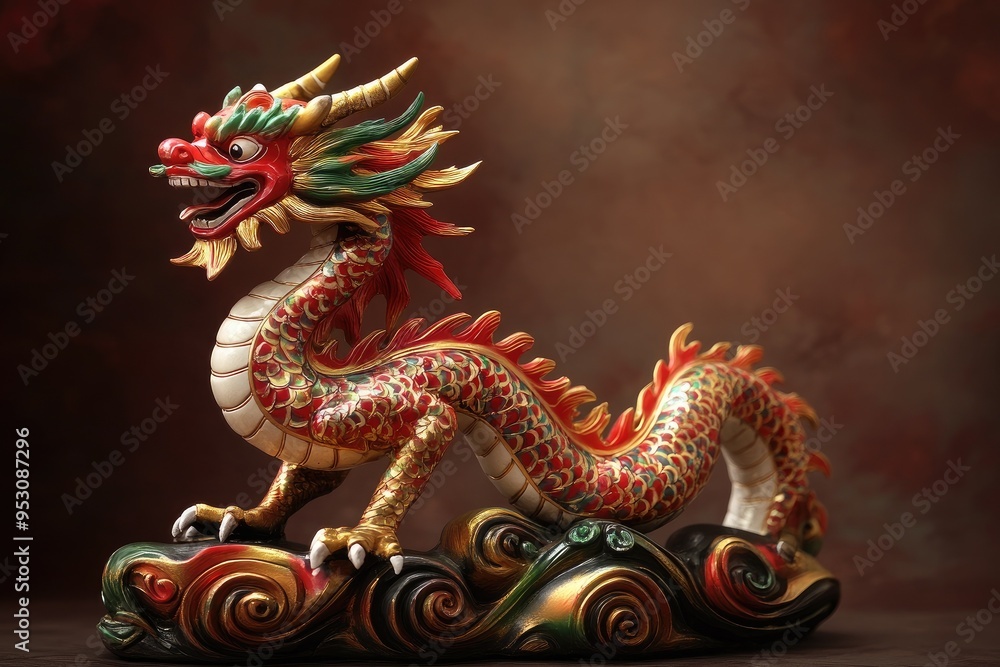 Fototapeta premium A vibrant and ornate dragon sculpture, symbolizing power and mystique, beautifully crafted with intricate details and rich colors.