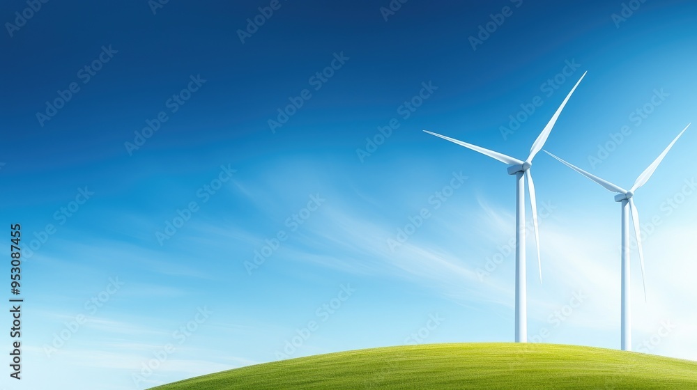 Obraz premium A serene landscape featuring wind turbines against a clear blue sky, symbolizing renewable energy and sustainability.