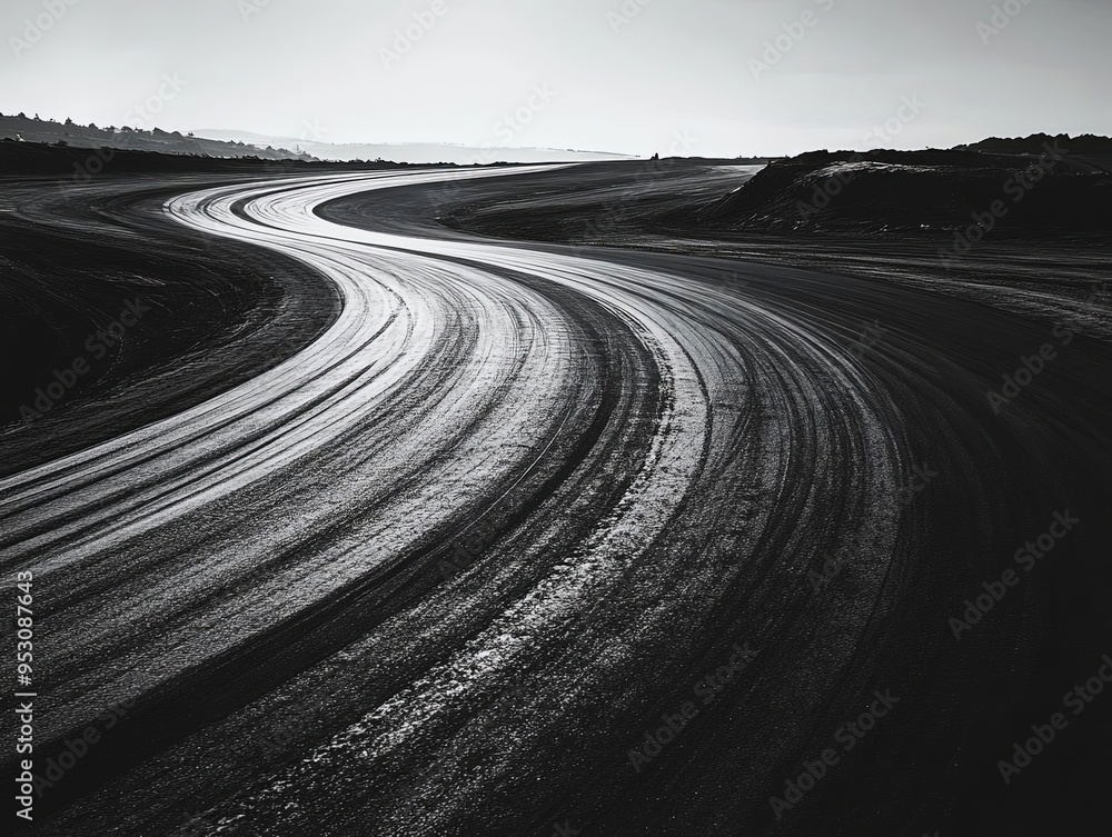 Fototapeta premium A blackandwhite photograph focusing on the intersection of multiple tire tracks on an empty racetrack
