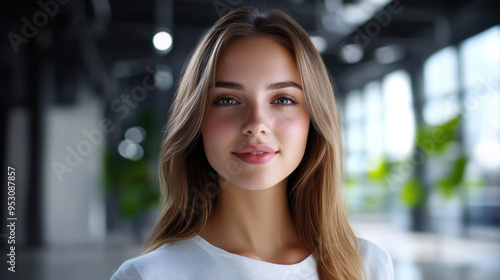 Close-up portrait of a young woman with long hair, standing indoors with soft natural lighting and a modern background.