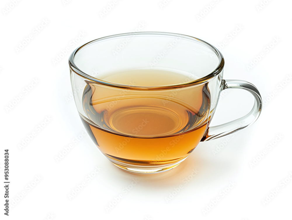 Transparent Half-Cup of Tea Isolated on White Background: Refreshing Beverage in Clear Glass Transparent Half-Cup of Tea Isolated on White Background: Refreshing Beverage in Clear Glass