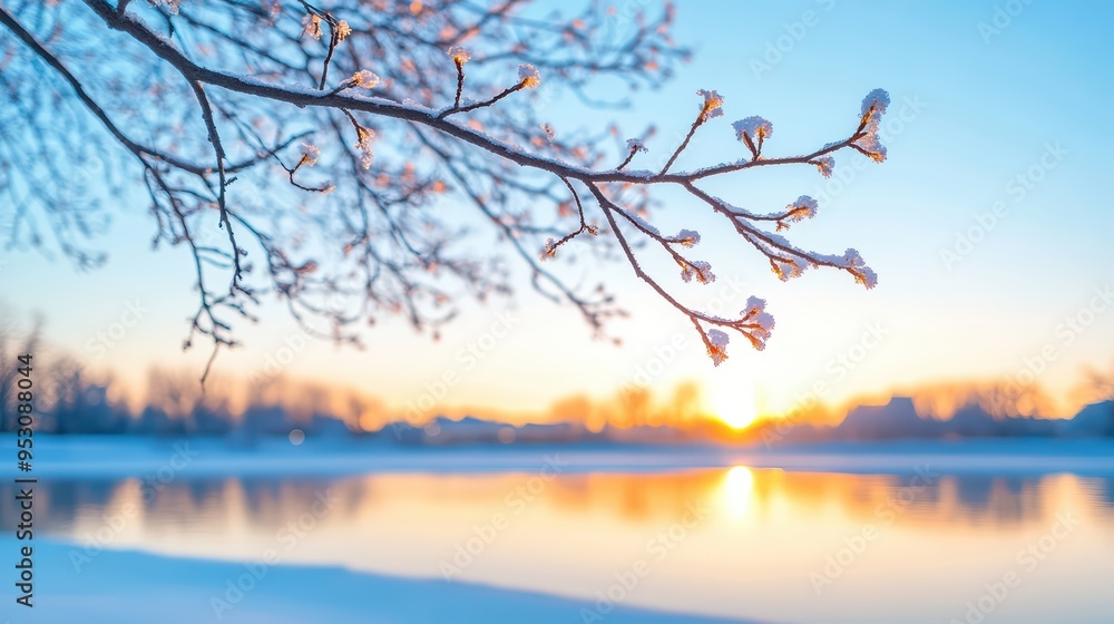A serene winter sunrise over a frozen lake, featuring frosted branches silhouetted against a colorful sky. A serene winter sunrise over a frozen lake, featuring frosted branches silhouetted against a colorful sky.