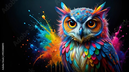 Colorful owl splattered with paint on black background with multicolored paint drops