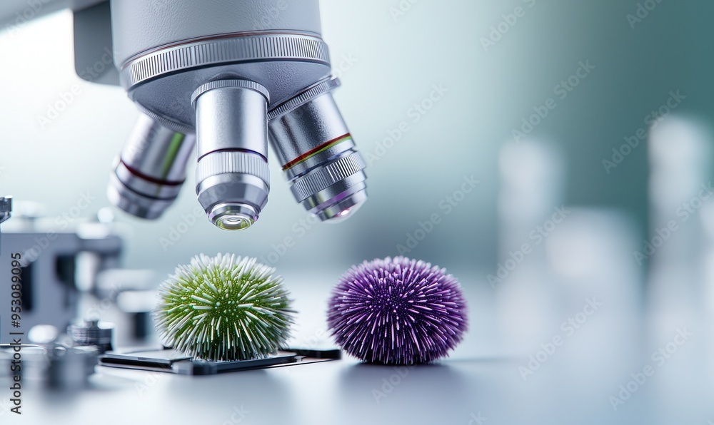 Close-up of a microscope examining colorful spheres resembling microorganisms, showcasing scientific exploration and analysis. Close-up of a microscope examining colorful spheres resembling microorganisms, showcasing scientific exploration and analysis.