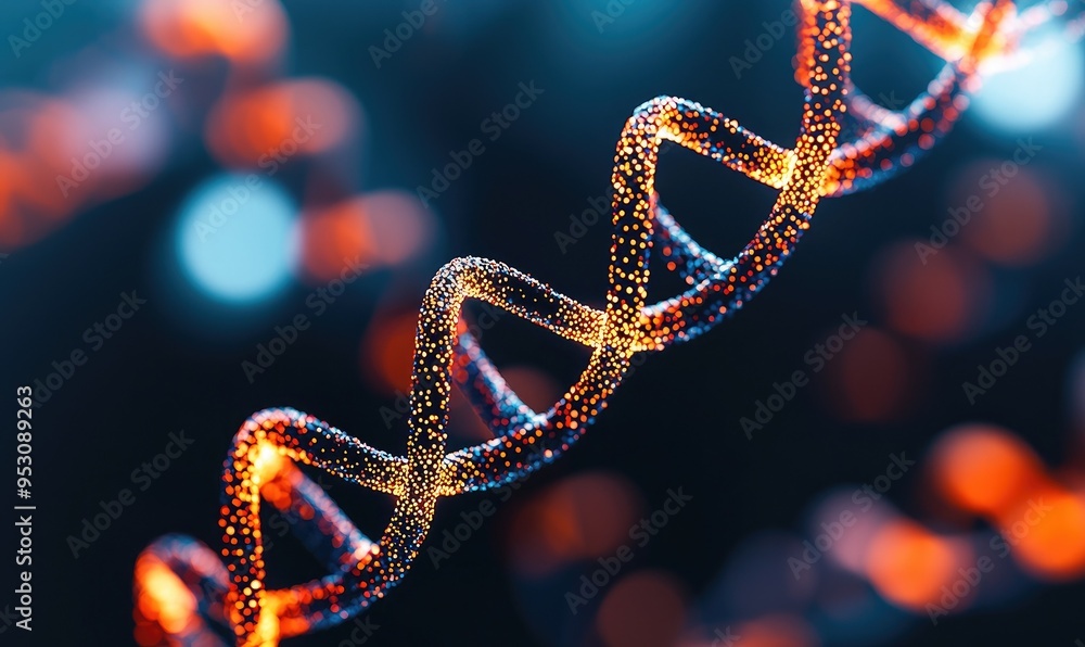 Close-up of a vibrant DNA strand illuminated with colorful lights, symbolizing genetics and scientific discovery.
