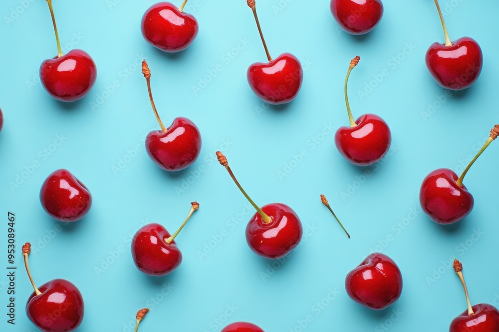 Fresh Red Cherries Pattern on Blue Background Fresh Red Cherries Pattern on Blue Background