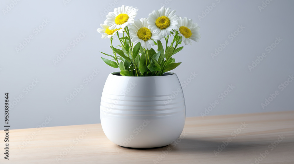 custom made wallpaper toronto digitalA simple white vase holding blooming daisies sits on a wooden table, embodying minimalistic and natural beauty.