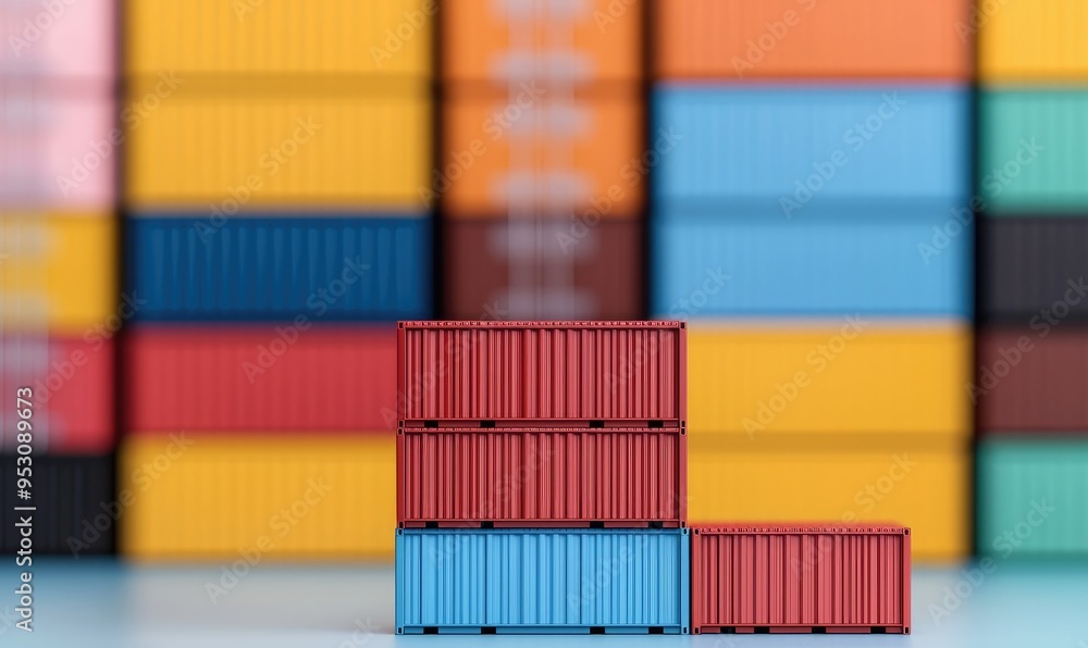 Obraz premium Colorful shipping containers stacked in a warehouse, showcasing logistics and transportation industry.