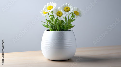 Wallpaper Mural A simple white vase holding blooming daisies sits on a wooden table, embodying minimalistic and natural beauty. Torontodigital.ca