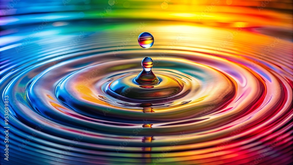Colorful water scene with a raindrop falling in, creating ripples and reflections Colorful water scene with a raindrop falling in, creating ripples and reflections