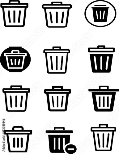 A versatile set of delete and trash bin icons designed for user interface and digital applications. This collection features various styles, including classic trash bins, wastebaskets 