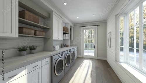 Modern Laundry Room Design with White Cabinets and Natural Light.