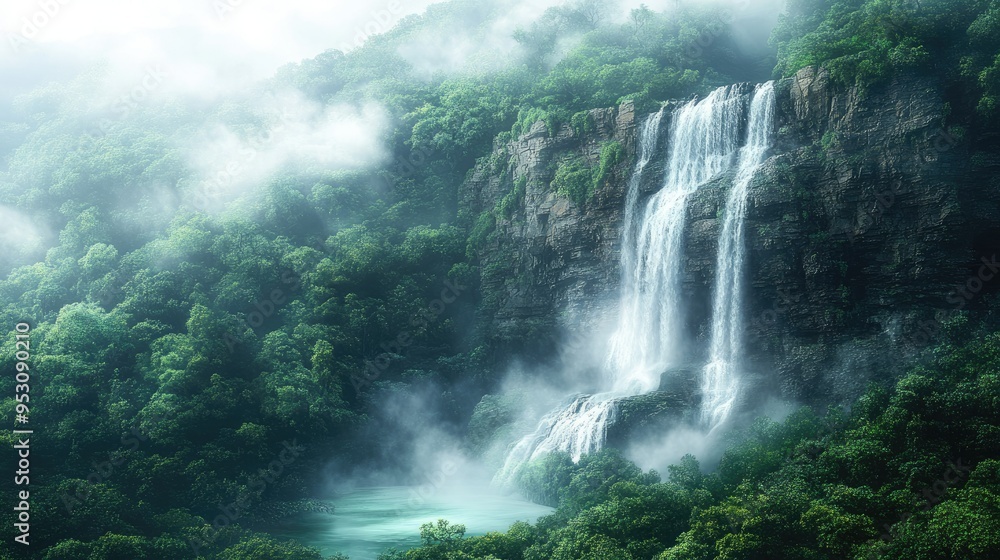 A majestic waterfall cascading down a rugged cliff into a crystal-clear pool below, surrounded by lush green forest and mist. A majestic waterfall cascading down a rugged cliff into a crystal-clear pool below, surrounded by lush green forest and mist.