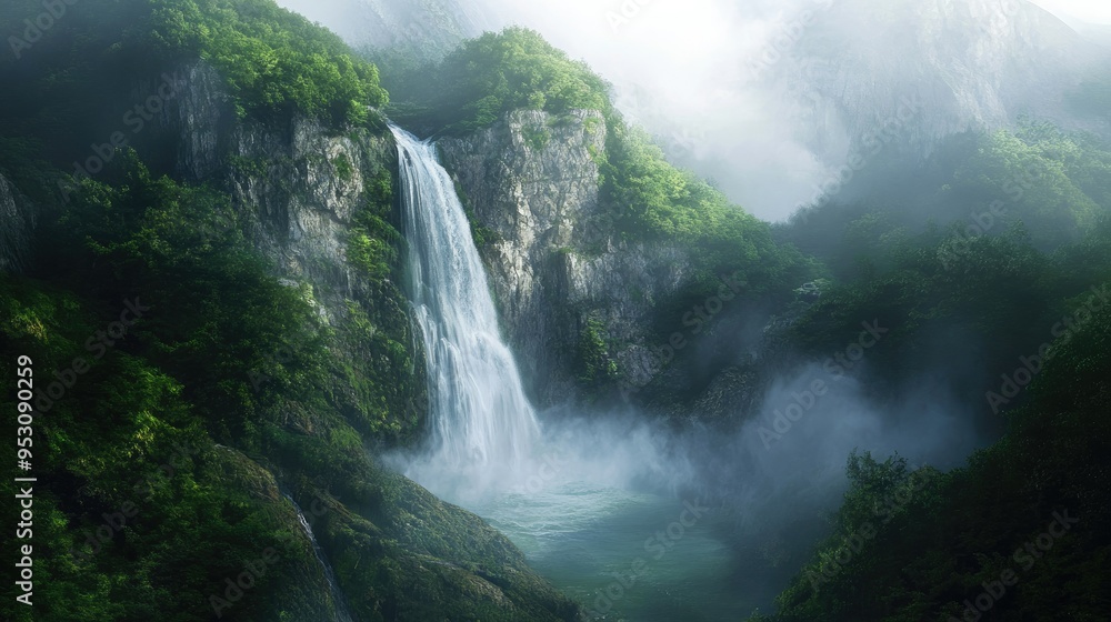 A majestic waterfall cascading down a rugged cliff into a crystal-clear pool below, surrounded by lush green forest and mist. A majestic waterfall cascading down a rugged cliff into a crystal-clear pool below, surrounded by lush green forest and mist.