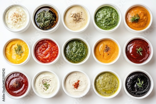 Assortment of Colorful Sauces in White Cups