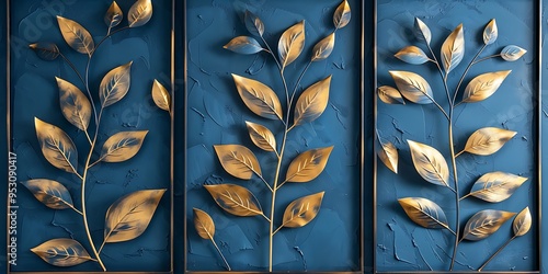 Produce a set of three modern 3D floral wall art panels in blue and gold