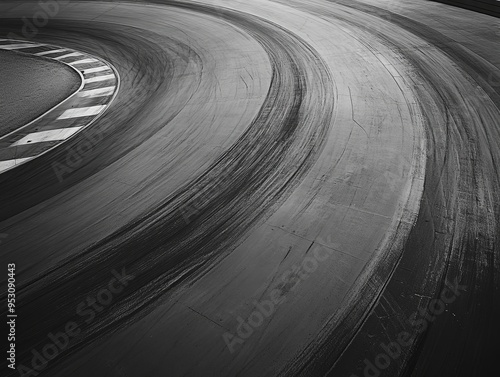 An aerial view of a racetrack in blackandwhite, with the intricate tire marks forming a mazelike pattern on the asphalt, capturing the thrill of speed and competition photo