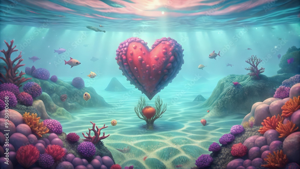 Fototapeta premium A Pink Heart-Shaped Creature Suspended in a Sunlit Underwater Scene