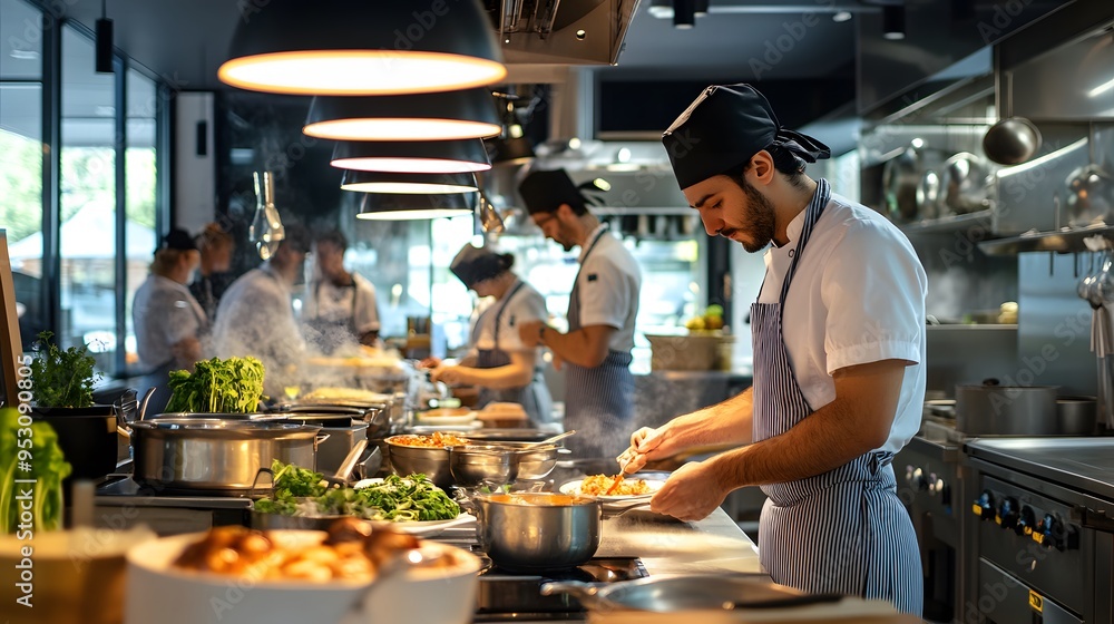 A modern cooking space with customers following a recipe and cooking together A modern cooking space with customers following a recipe and cooking together