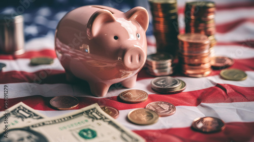 Coins and piggybank over usa flag photo