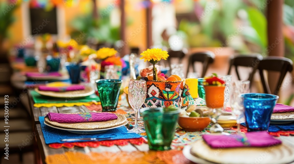 A vibrant Cinco de Mayo celebration with colorful papel picado banners, festive table settings, and traditional Mexican decorations. A vibrant Cinco de Mayo celebration with colorful papel picado banners, festive table settings, and traditional Mexican decorations.