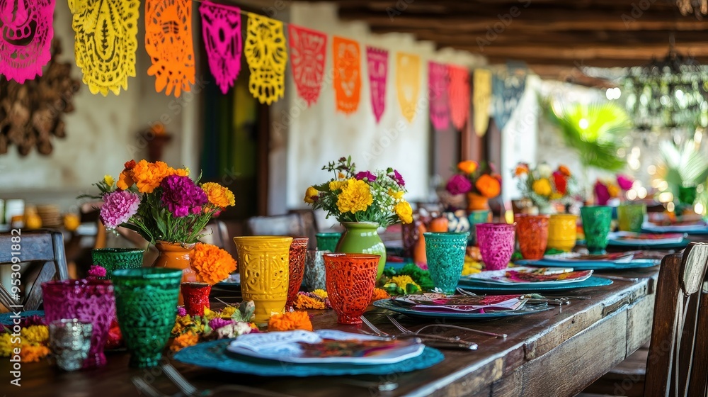 A vibrant Cinco de Mayo celebration with colorful papel picado banners, festive table settings, and traditional Mexican decorations. A vibrant Cinco de Mayo celebration with colorful papel picado banners, festive table settings, and traditional Mexican decorations.