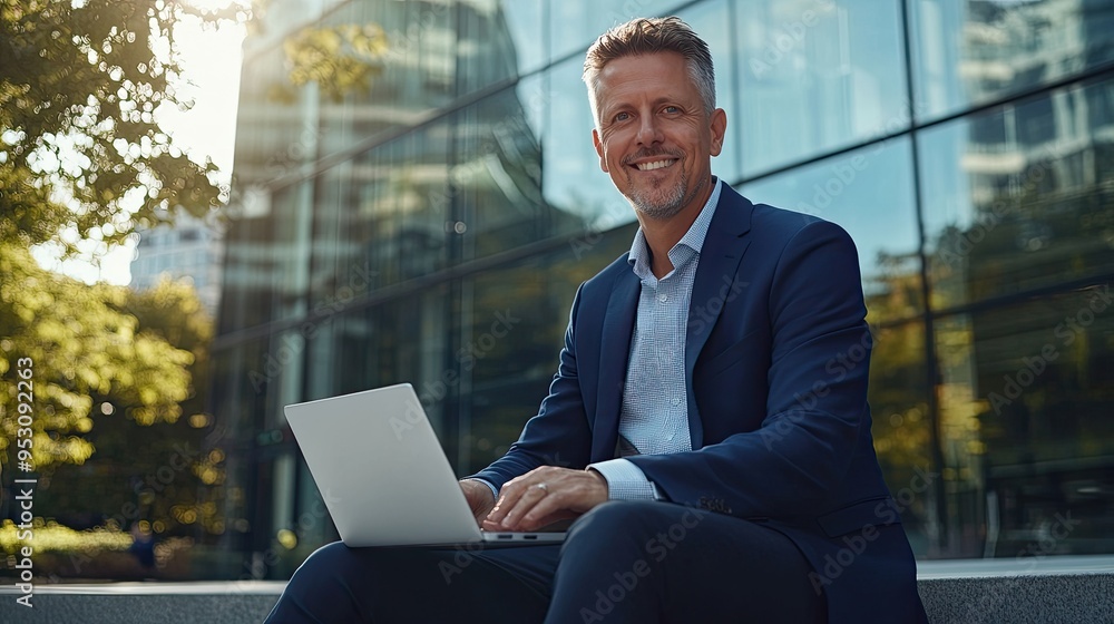 A professional man working on a laptop outdoors in a modern urban setting. A professional man working on a laptop outdoors in a modern urban setting.