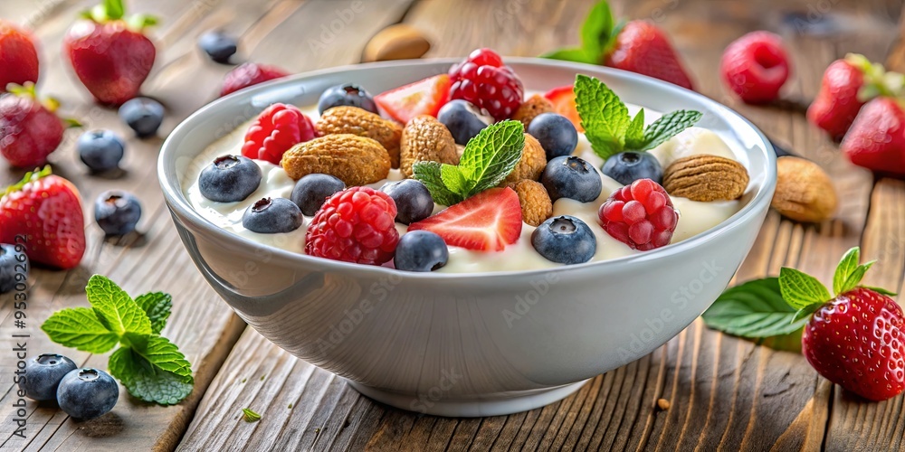 Yogurt bowl with fresh strawberries, raspberries, blueberries, and almonds Yogurt bowl with fresh strawberries, raspberries, blueberries, and almonds