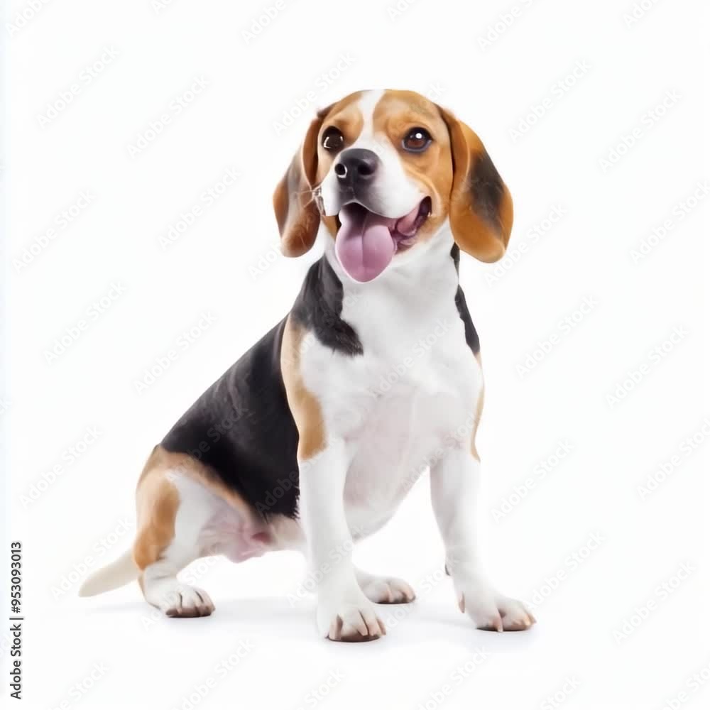 A joyful beagle dog standing against a white background, captured in stock photography. A joyful beagle dog standing against a white background, captured in stock photography.
