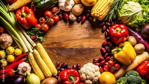 Colorful Vegetables and Fruits Arranged Around Wooden Surface photo