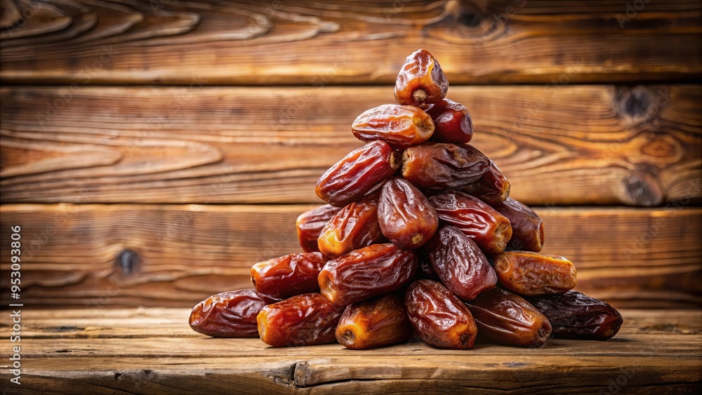A rustic display of dried dates in a pyramid shape on wooden background A rustic display of dried dates in a pyramid shape on wooden background