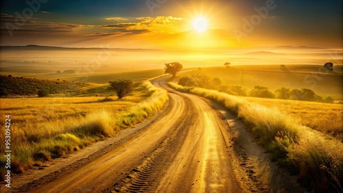 A winding Canary Yellow dirt road disappears into a hazy, sun-kissed horizon, high-angle view, narrow depth of field, sense of adventure, warm afternoon lighting, a realistic photo image.