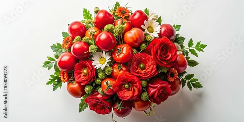 A dramatic, overhead shot of a vibrant tomato red flower arrangement, on a pristine white background, with harsh, direct light, a realistic photo image. photo